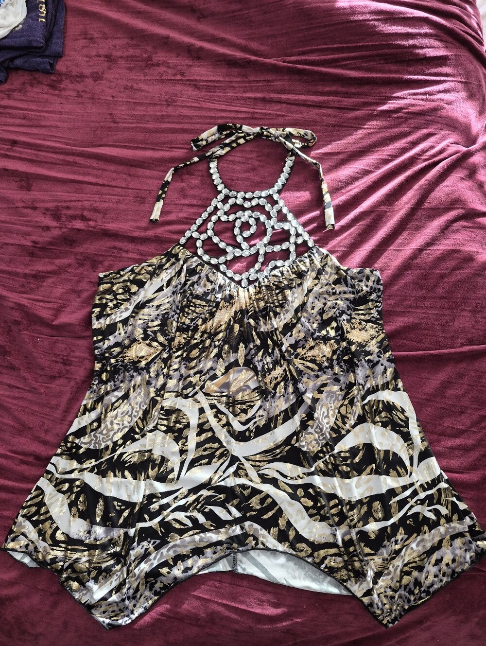 Y2k Venus Large Beaded Halter Animal-Print Women’s Top in Black and Gold